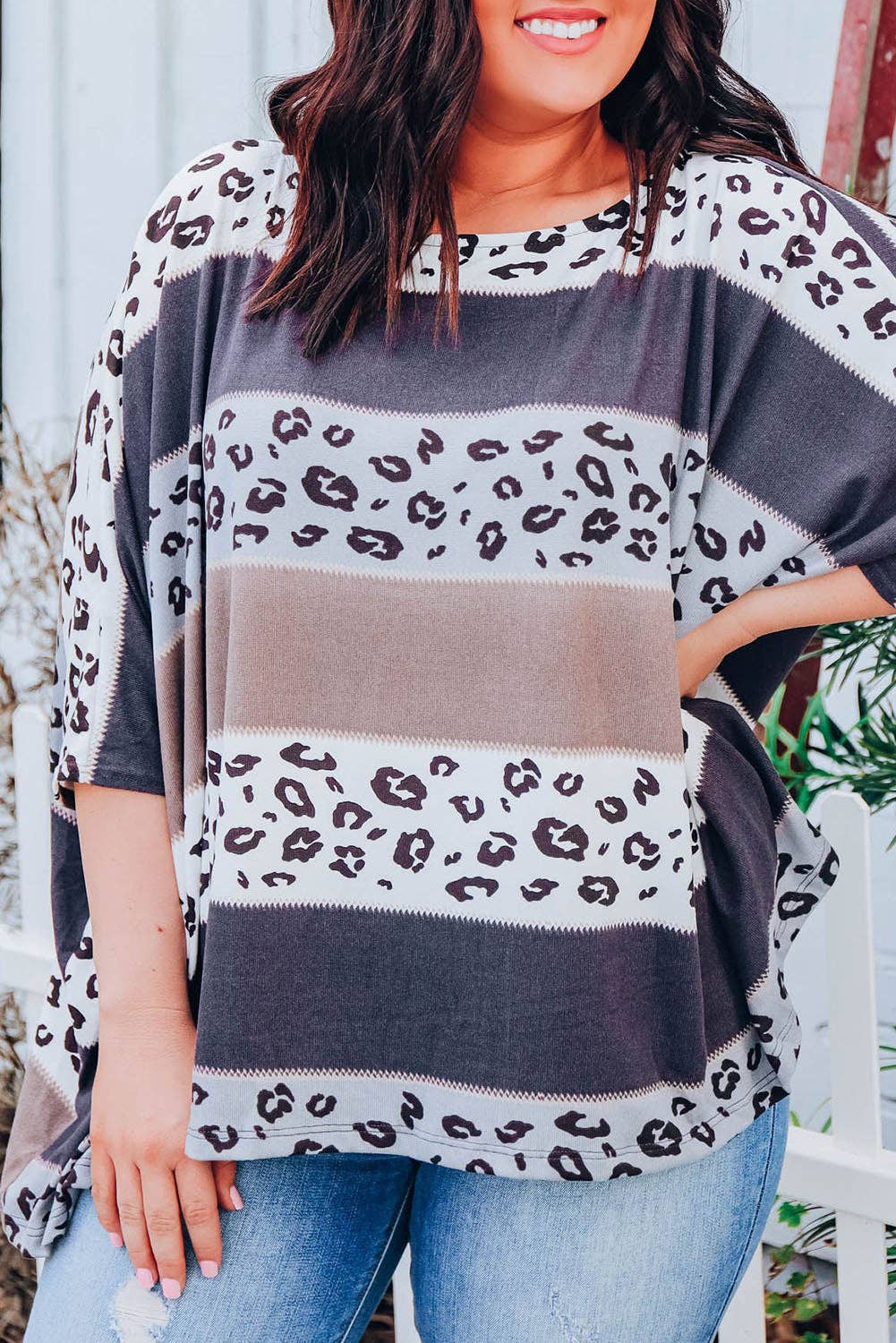 Plus Size Leopard Striped Color Block Oversized Top