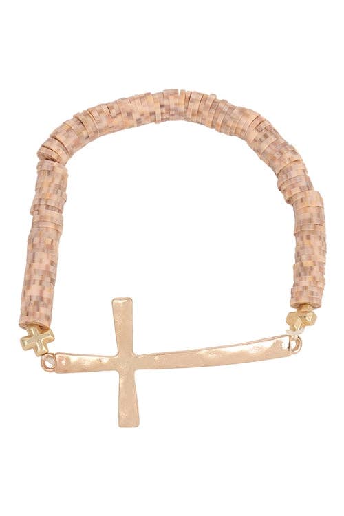 Gold Cross Beaded Stretch Bracelet-Beige