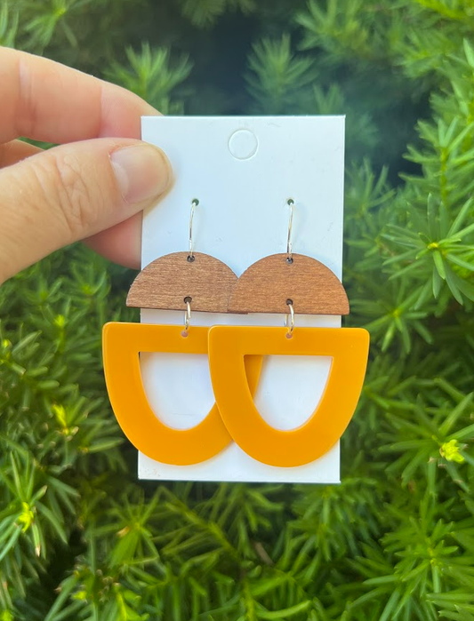 Mustard Yellow Wood and Acrylic Deco Drops Earrings