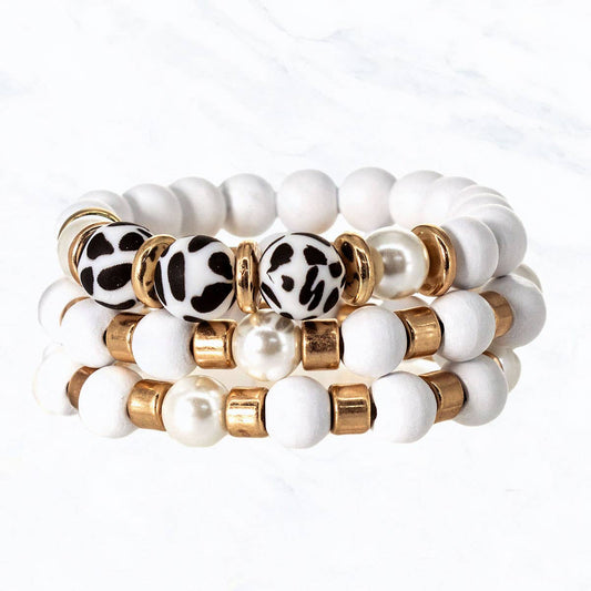 Wooden Bead, Gold, Bracelet Set: White